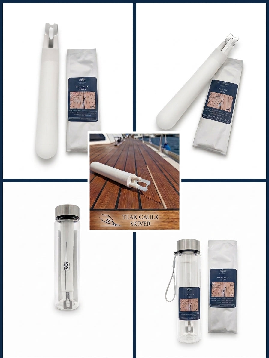 A collage showing a white wooden deck skiver from multiple angles, alongside its silver metal cap, a clear storage bottle with a label, and a small inset photo of the skiver in use on a wooden deck. The brand name &